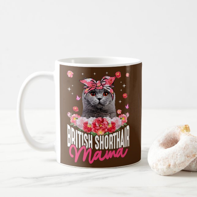 Niedlich British Shorthair Mama Blume Bandana Cat Kaffeetasse (Mit Donut)