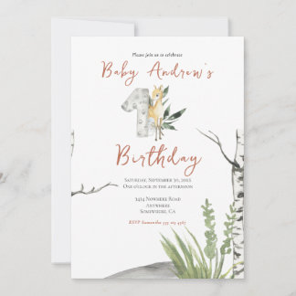 Niedlich Brown Baby Deer Watercolor 1. Geburtstag Einladung