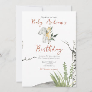 Niedlich Brown Baby Deer Watercolor 1. Geburtstag Einladung
