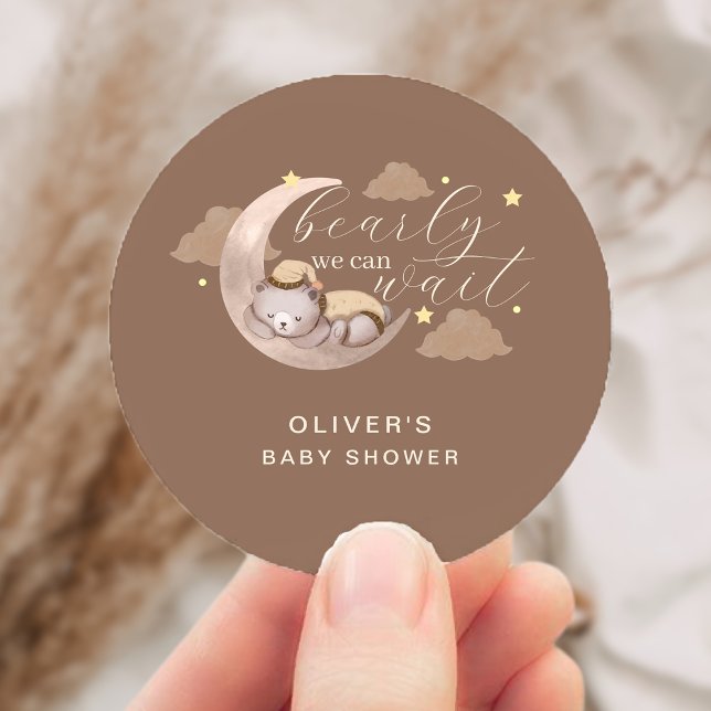 Niedlich Brown Bearly Wait Moon Star Sleepar Runder Aufkleber (Cute Brown Bearly Wait Moon Star Sleepy Bear Classic Round Sticker)