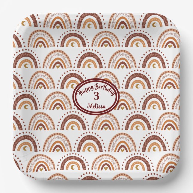 Niedlich Brown Boho Rainbow Whimsisches Muster Pappteller (Vorderseite)
