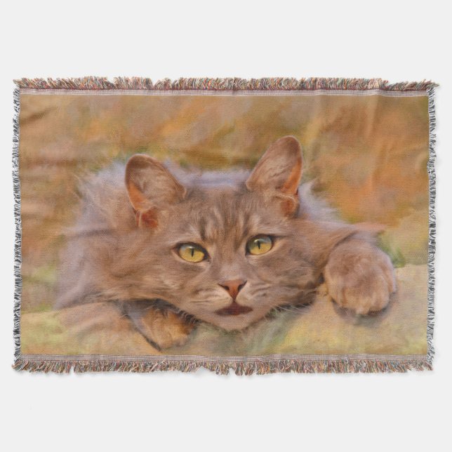 Niedlich Brown Cat Wasserfarben Ölgemälde Kunst Decke (Vorderseite)
