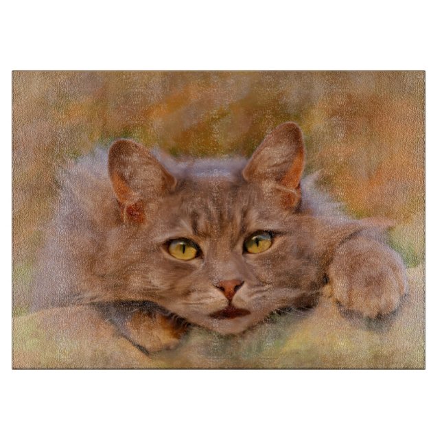 Niedlich Brown Cat Wasserfarben Ölgemälde Kunst Schneidebrett (Vorderseite)
