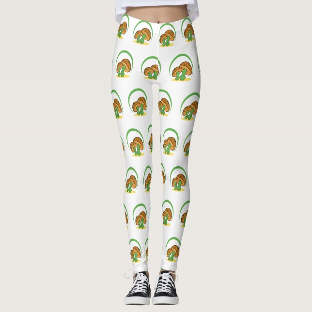 Niedlich Brown Green Cartoon Mushroom Fungi Art Leggings (Vorderseite)
