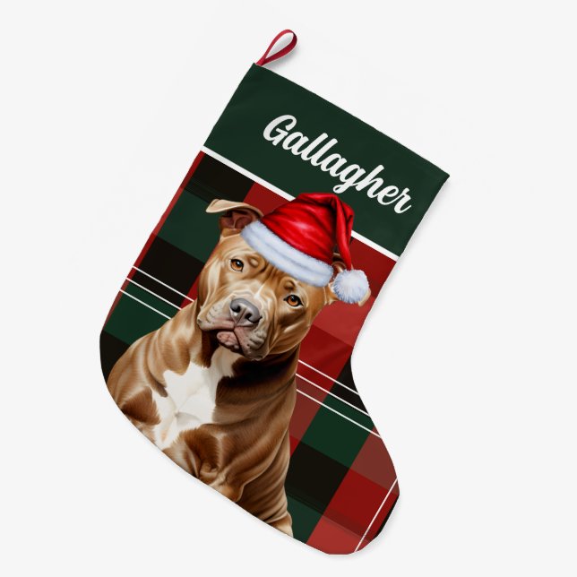 Niedlich Brown Pitbull Dog Red Green Kariert Custo Großer Weihnachtsstrumpf (Vorderansicht (hängend))