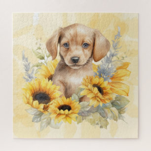 Niedlich Brown Puppy Yellow Sunflower Wasserfarbe Puzzle