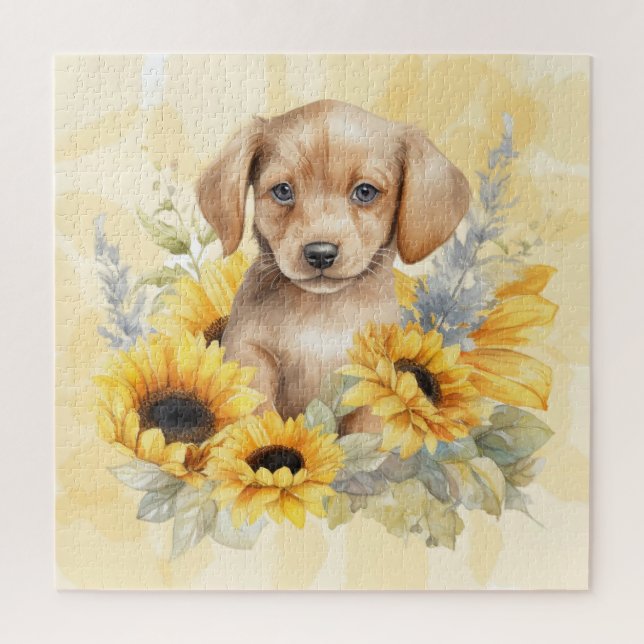 Niedlich Brown Puppy Yellow Sunflower Wasserfarbe Puzzle (Vertikal)