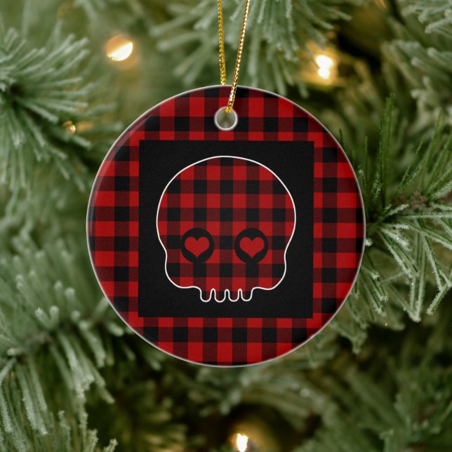 Niedlich Buffalo Kariert Skull Keramik Ornament (Baum)