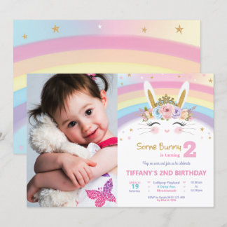 Niedlich Bunny 1. Geburtstag Girls Rainbow Rabbit Einladung