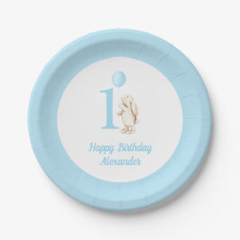 Niedlich Bunny & Balloon Blue Happy zum 1. Geburts Pappteller