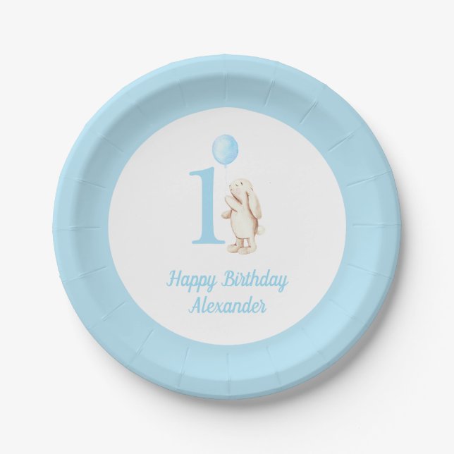 Niedlich Bunny & Balloon Blue Happy zum 1. Geburts Pappteller (Vorderseite)