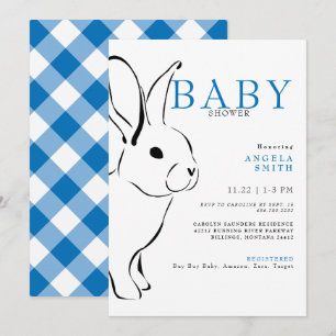 Niedlich Bunny Cobalt Blue Gingham Baby Dusche Einladung