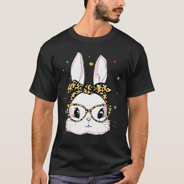Niedlich Bunny Face Leopard Glasses Headband Happy T-Shirt (Vorderseite)