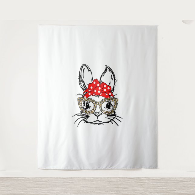 Niedlich Bunny Face Leopard Print Red Bandana Rabb Wandteppich (Vorderseite)