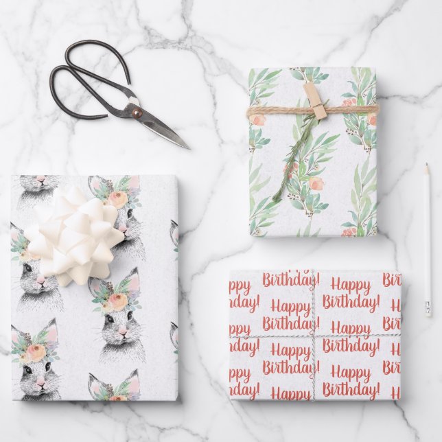 Niedlich Bunny Floral Geschenkpapier Set (Vorderseite)