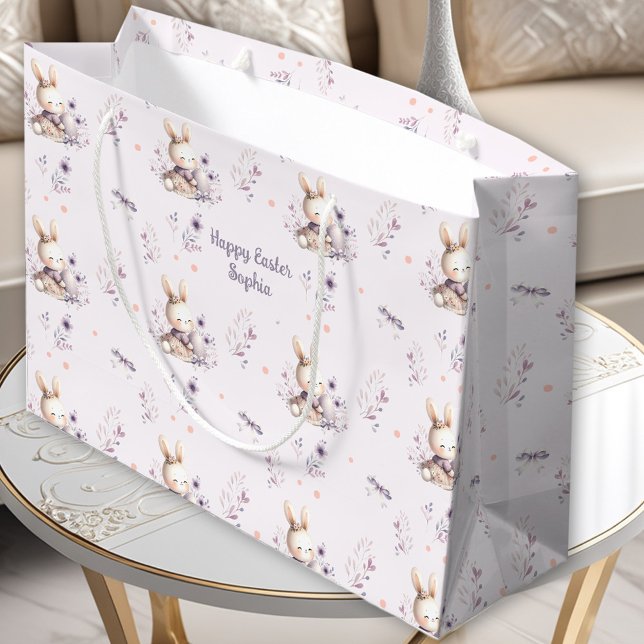 Niedlich Bunny Girl Personalisiert Name Lila Oster Große Geschenktüte (Cute Bunny Girl Personalized Name Purple Easter Large Gift Bag)