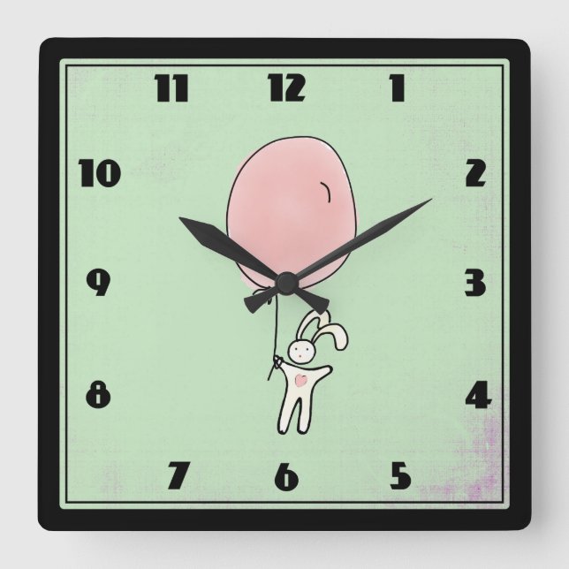 Niedlich Bunny Holding a Balloon Quadratische Wanduhr (Vorderseite)