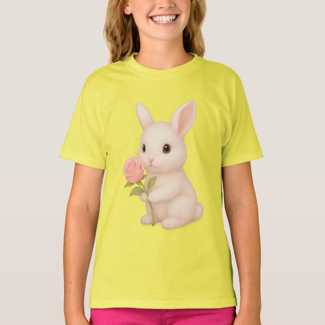 Niedlich Bunny Holding Blume Girls' T - Shirt (Vorderseite)