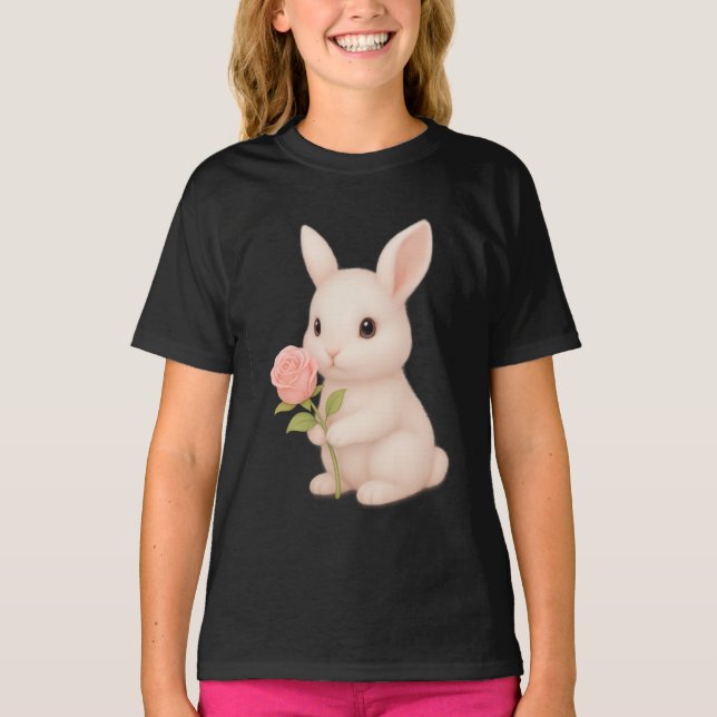 Niedlich Bunny Holding Blume Girls' T - Shirt (Vorderseite)