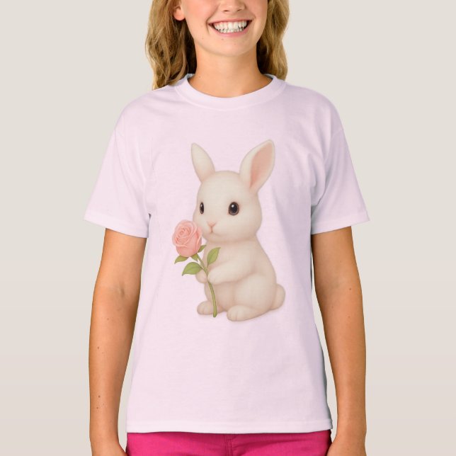 Niedlich Bunny Holding Blume Girls' T - Shirt (Vorderseite)