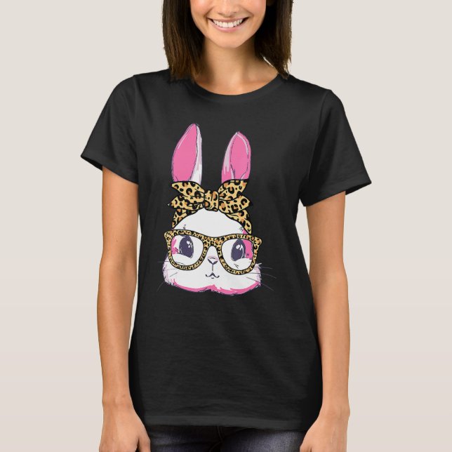Niedlich Bunny Leopard Messy Bun Glasses Headband  T-Shirt (Vorderseite)