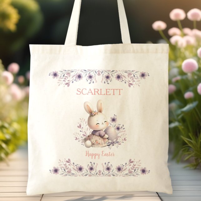 Niedlich Bunny Lila Floral Girl Name Ostereier Jag Tragetasche (Cute Bunny Purple Floral Girl Name Easter Egg Hunt Tote Bag)