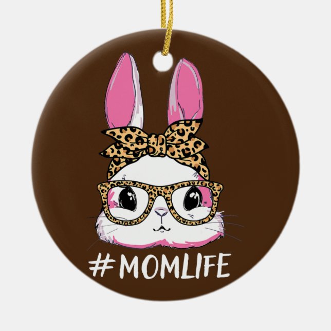 Niedlich Bunny Mama Life Leopard Messy Bun Brille Keramik Ornament (Vorne)