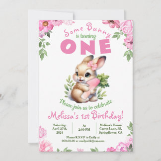 Niedlich Bunny Pink 1. Geburtstag Girl Flora Einla Einladung