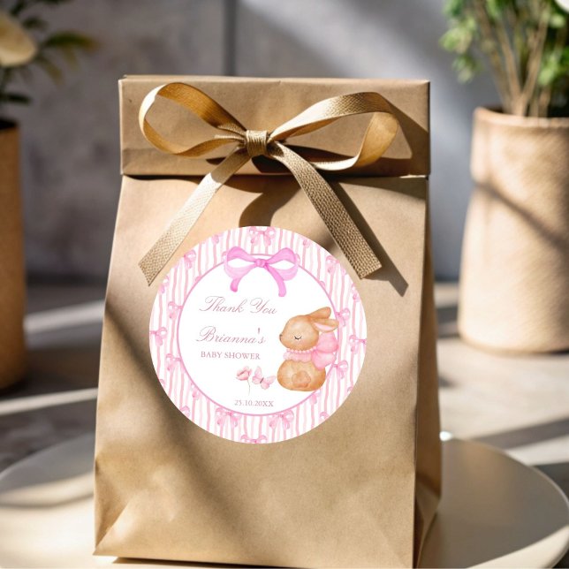 Niedlich Bunny Pink Bugbaby Dusche Gefallen Runder Aufkleber (Cute Bunny pink bow baby shower personalized favor Stickers thank you stickers)