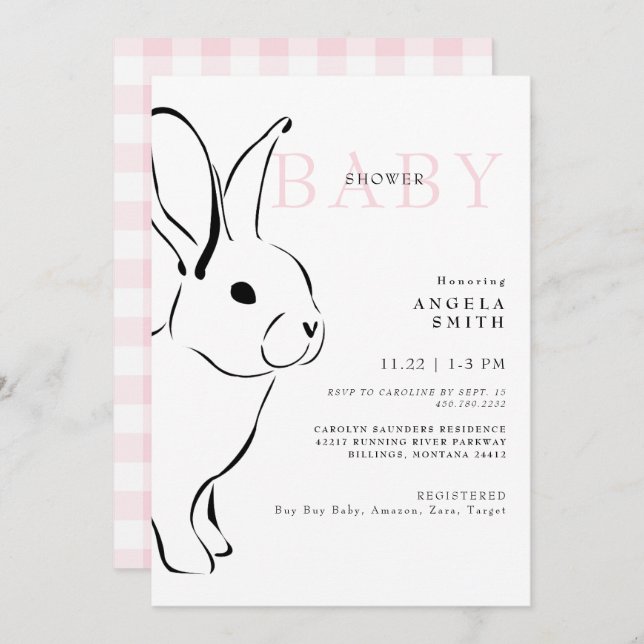 Niedlich Bunny Pink Gingham Baby Girl Dusche II Einladung (Vorne/Hinten)