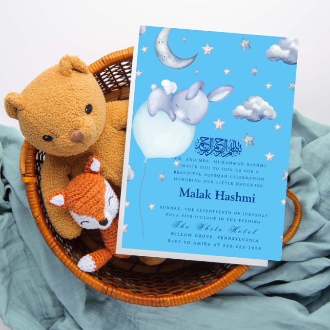 Niedlich Bunny & Star Baby BlueIslamische Aqiqa Aq Einladung (Von Creator hochgeladen)