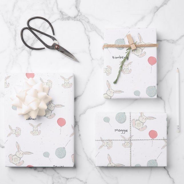 Niedlich Bunny und Balloons Personalisiert Geschenkpapier Set (Vorderseite)
