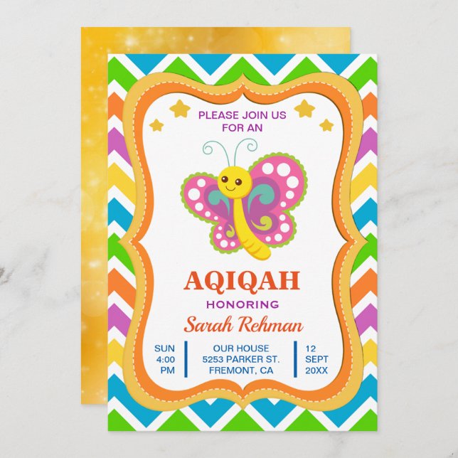 Niedlich Butterfly Baby Girl Aqiqah Einladung (Vorne/Hinten)