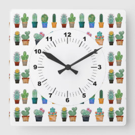 Niedlich Cactus Greenery Blume Natur Quadratische Wanduhr