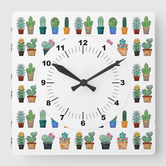 Niedlich Cactus Greenery Blume Natur Quadratische Wanduhr (Vorderseite)