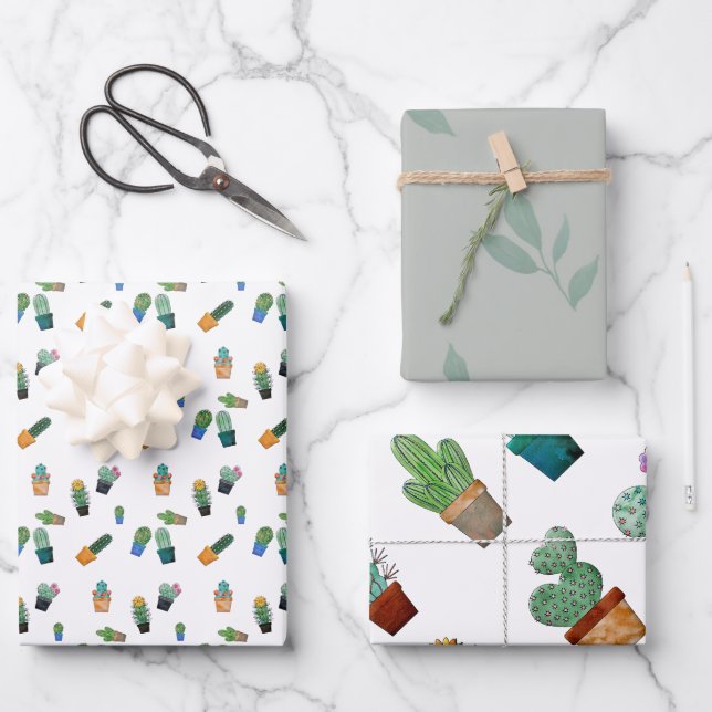 Niedlich Cactus Greenery Blume Pattern Geschenkpapier Set (Vorderseite)