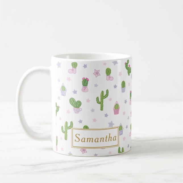 Niedlich Cactus Pattern Individuelle Name Einzigar Kaffeetasse (Links)