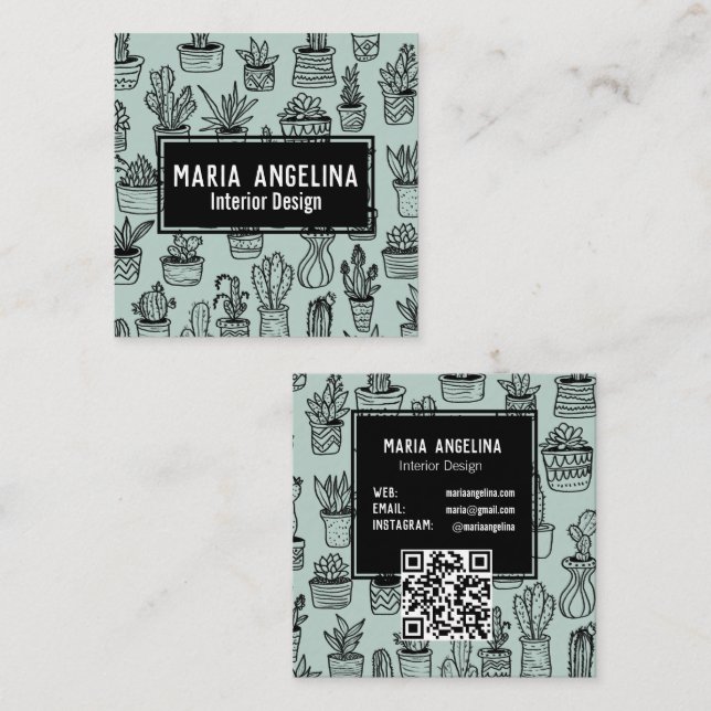 Niedlich Cactus succulents Boho Doodle QR Code CUS Quadratische Visitenkarte (Vorne/Hinten)