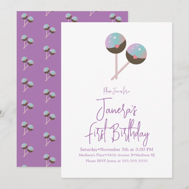 Niedlich Cake Pop Candy Bar Einladung zum Geburtst (Vorne/Hinten)
