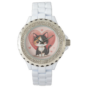 Niedlich Calico Cat Heart Kawaii Valentine Art Armbanduhr