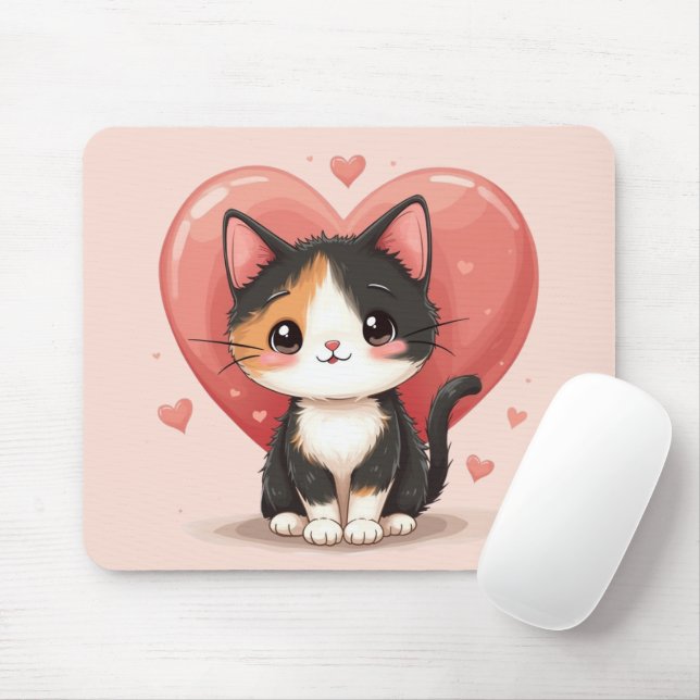 Niedlich Calico Cat Heart Kawaii Valentine Art Mousepad (Mit Mouse)