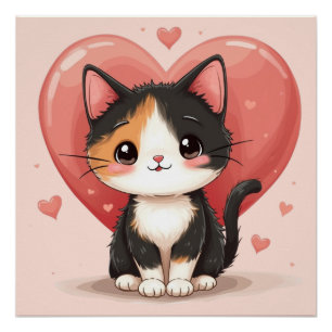 Niedlich Calico Cat Heart Kawaii Valentine Art Poster