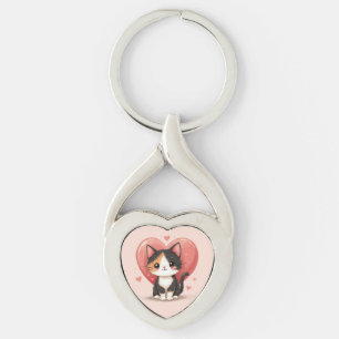 Niedlich Calico Cat Heart Kawaii Valentine Art Schlüsselanhänger