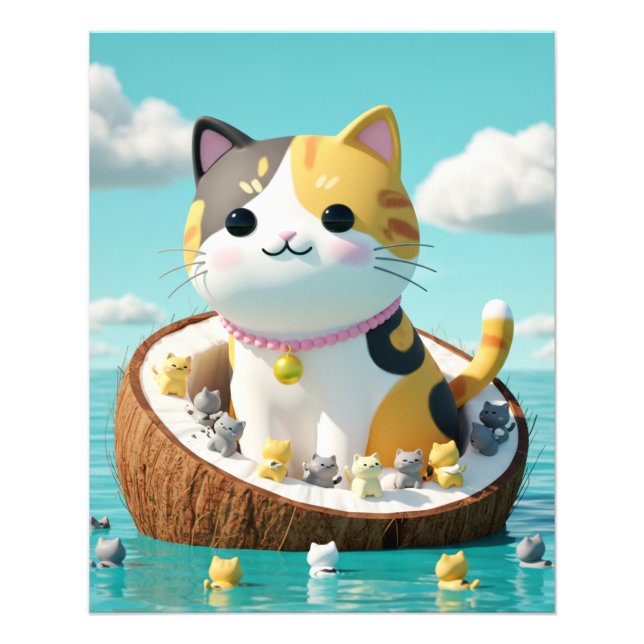 Niedlich Calico Cat in Coconut Island - Kawaii Oze Fotodruck (Vorne)