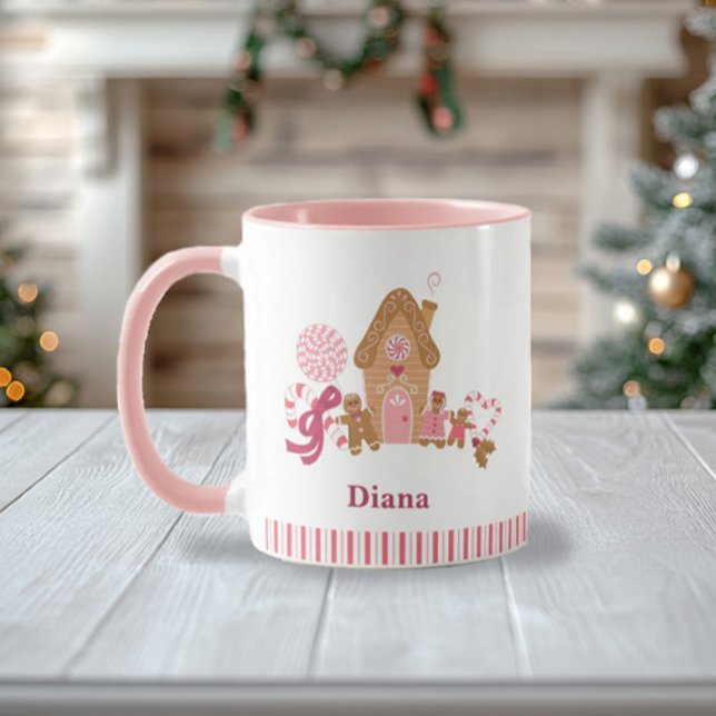 Niedlich Candy Cane Gingerbrot House Pink White Tasse (Von Creator hochgeladen)