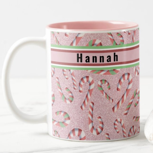 Niedlich Candy Cane Pink Glitzer Individuelle Name Zweifarbige Tasse (Von Creator hochgeladen)