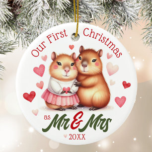 Niedlich Capybara Erste Weihnacht als Mr. & Mrs. V Keramik Ornament