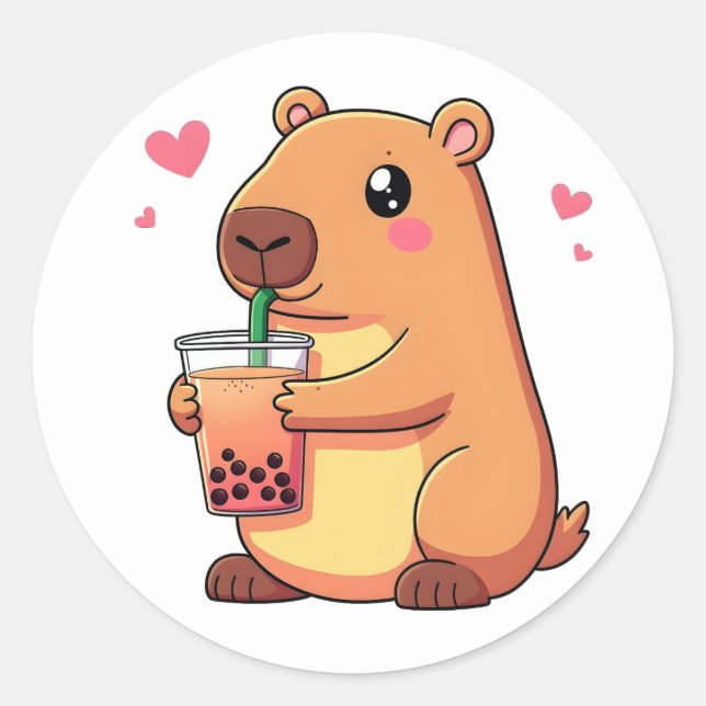 Niedlich Capybara trinken Boba Bubble Tea Girls Runder Aufkleber (Vorderseite)