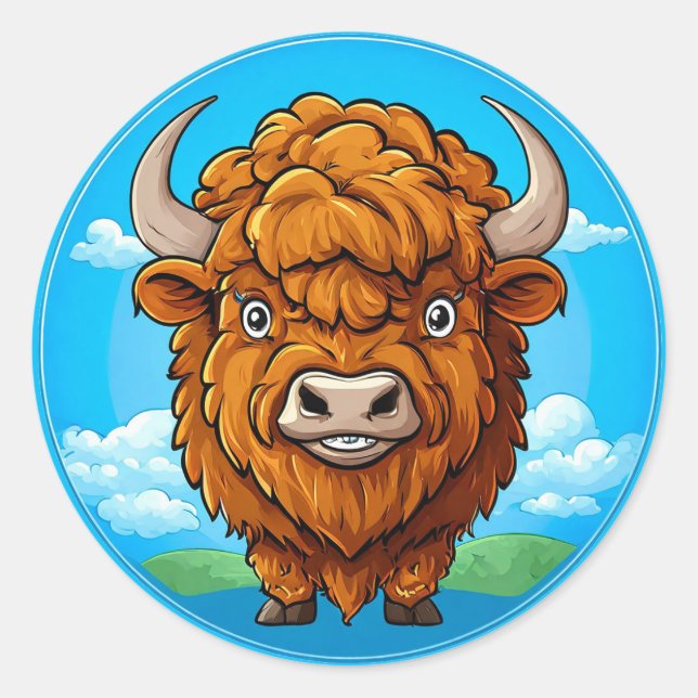 Niedlich Cartoon Bison Runder Aufkleber (Vorderseite)