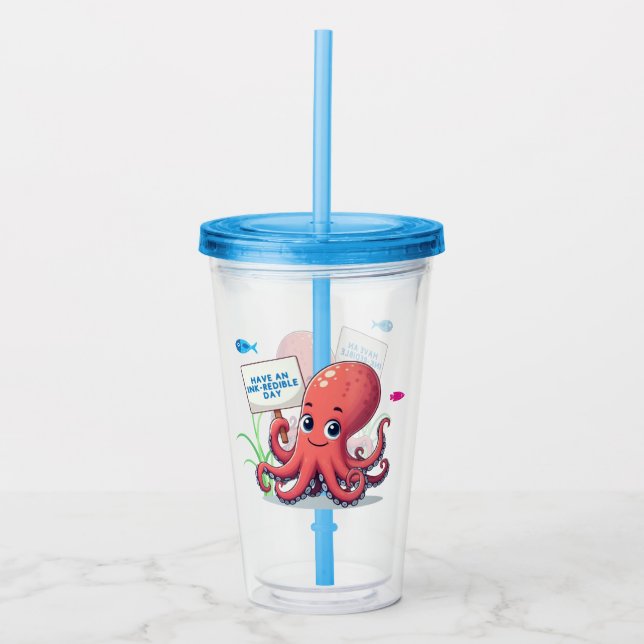 Niedlich, Cartoon-Oktopus mit Fischen Acryltrinkbecher (Vorderseite)